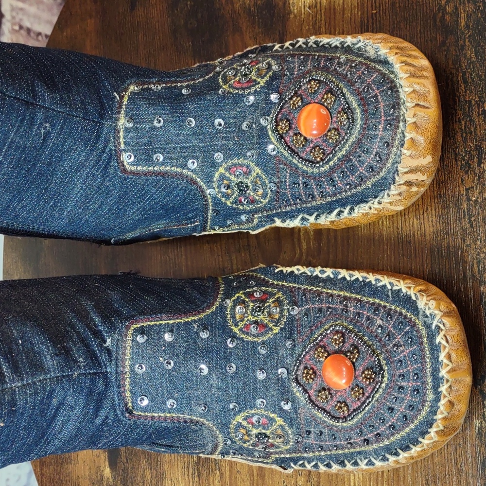 Bamboo Embellished Denim Moccasin Style Ankle Boots - Picture 3 of 16